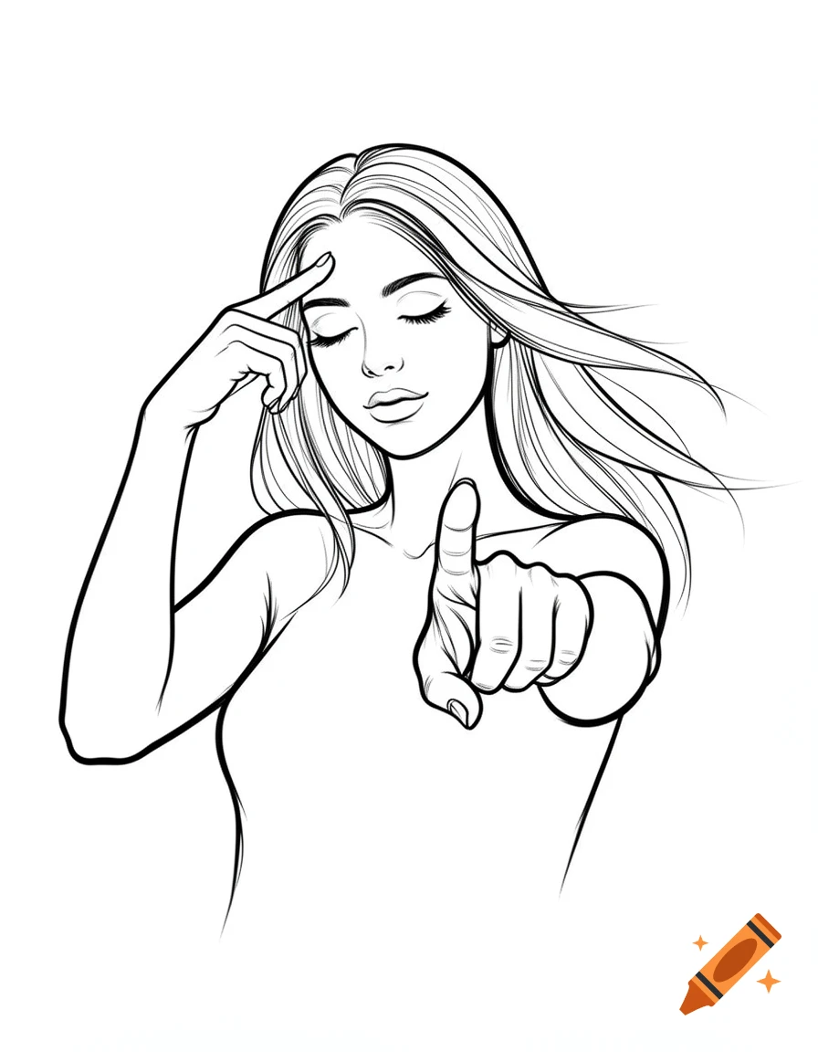 Line art illustration of a woman with closed eyes, one hand touching her forehead, the other pointing forward.
