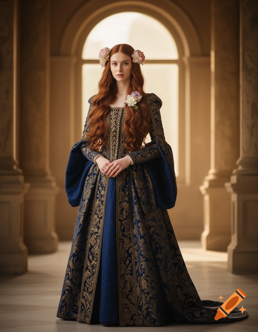 A photorealistic portrait of a young woman with long red hair and flowers in a blue and gold Renaissance gown in a grand hall.