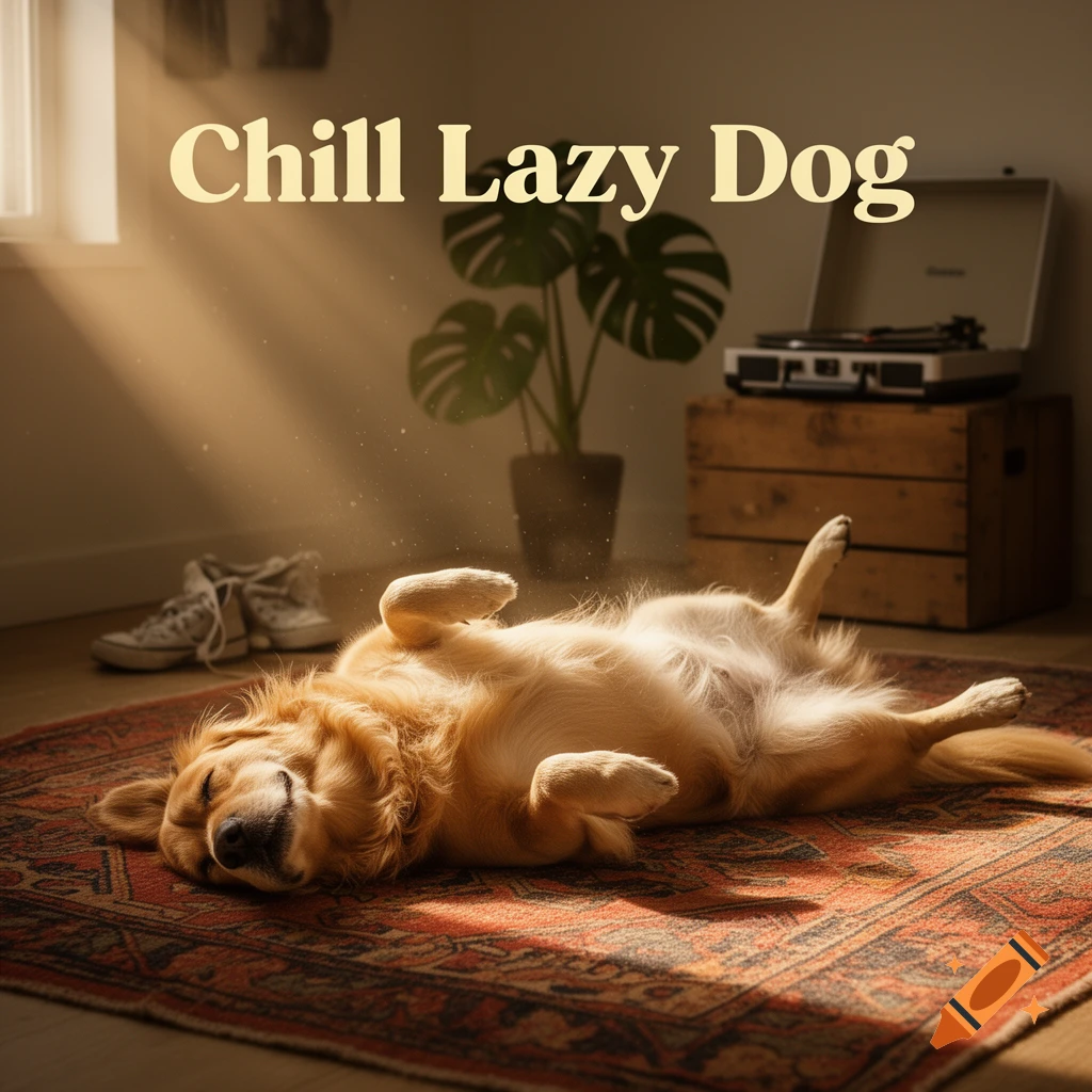 A relaxed golden retriever lies on its back on a patterned rug in a sunlit room with the text "Chill Lazy Dog" at the top.