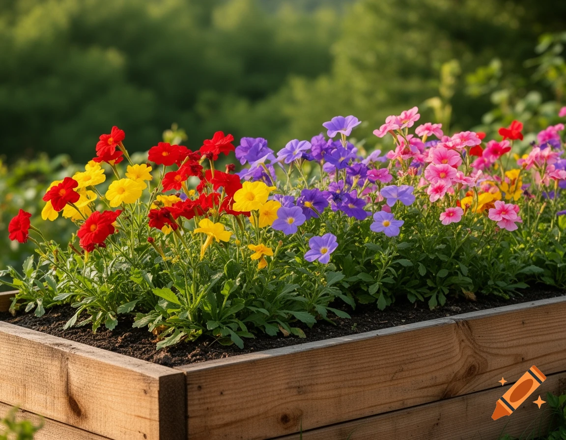 Close-up of vibrant red, yellow, purple, and pink flowers in a wooden raised garden bed with a soft green background.