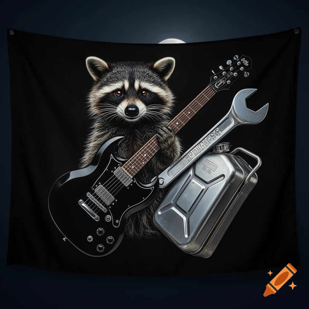 A furry raccoon holds a black electric guitar, leaning against a large silver wrench and a matching jerrycan, all set on a dark background.