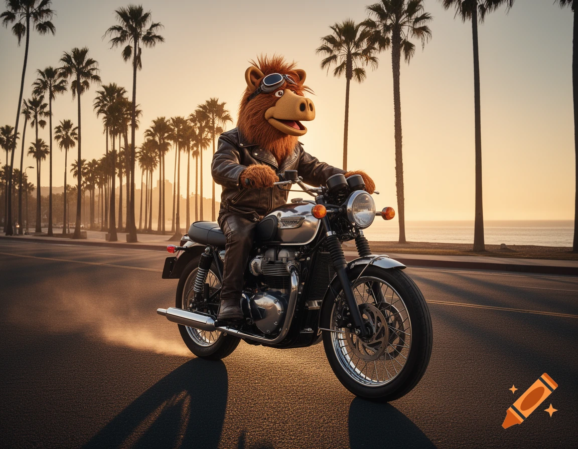 Alf, the alien character, wearing goggles and a leather jacket, rides a Triumph Bonneville motorcycle along a palm-lined coastal road at sunset.