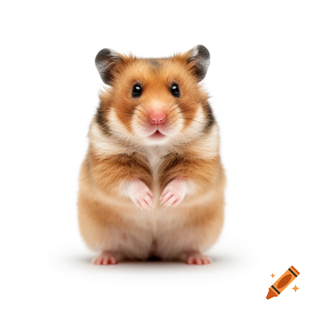A photorealistic golden-brown hamster stands on its hind legs against a white background.