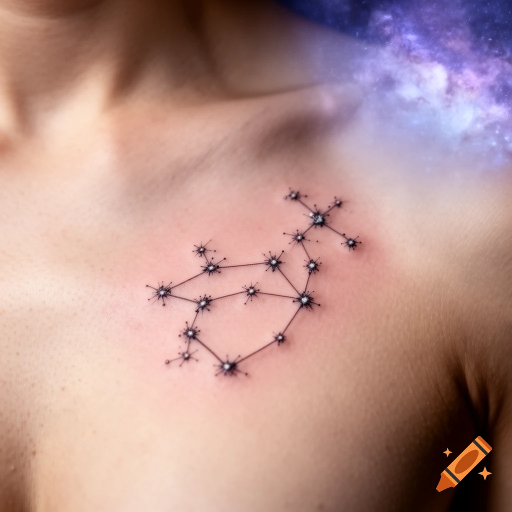 A small constellation tattoo with many stars and lines on a person's upper chest, with a blurred purple and blue space nebula in the background.