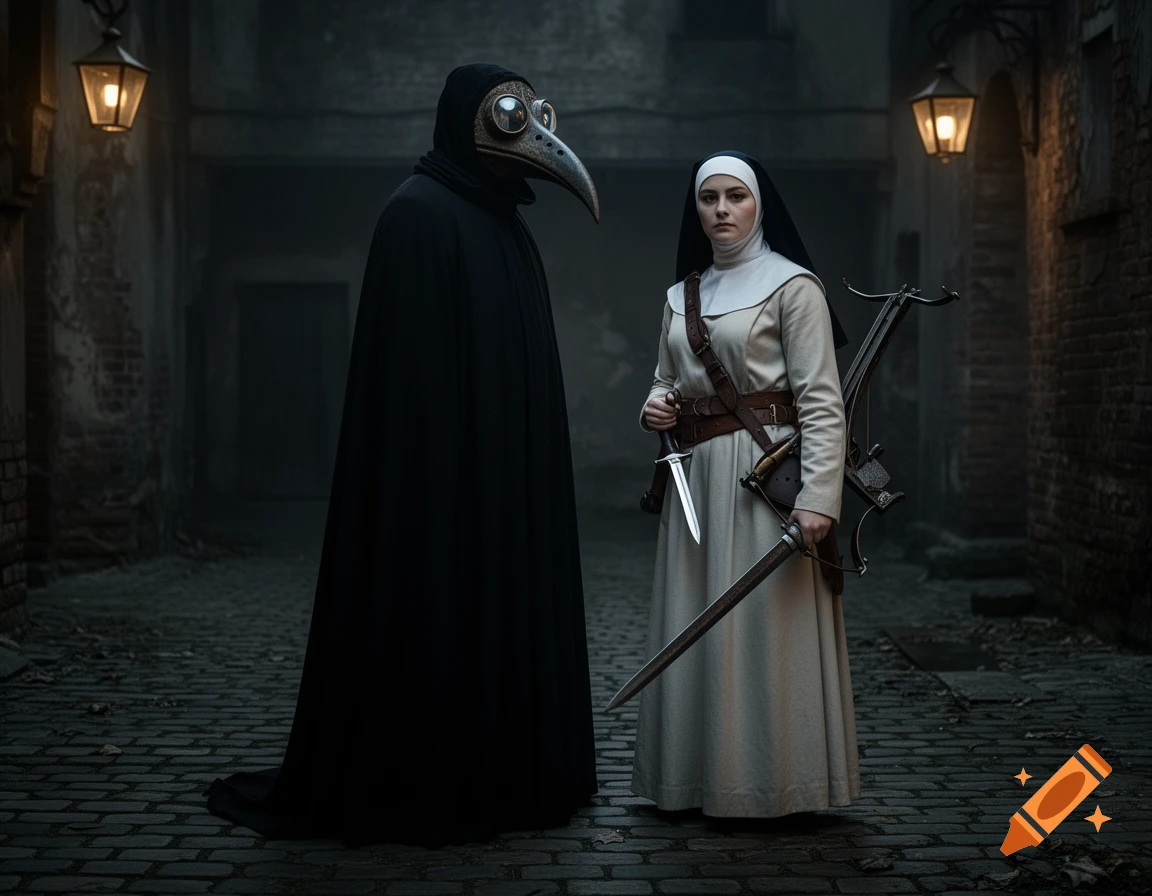 A plague doctor and a nun armed with a sword, dagger, and crossbow stand in a dark, cobblestone alley.