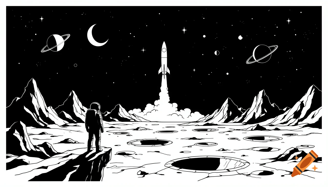 Black and white vector illustration of an astronaut on a lunar landscape watching a rocket launch into a starry sky with planets.