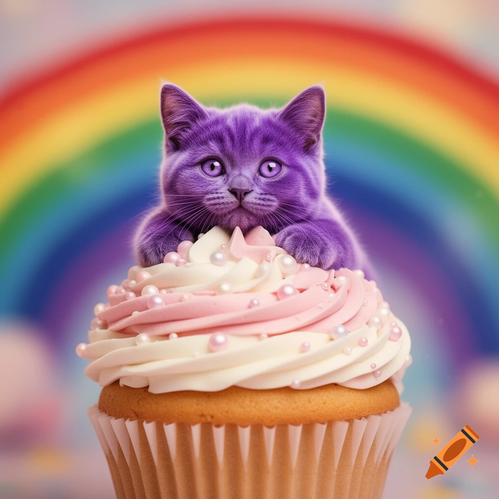 A fluffy purple kitten peeks over a pink and white frosted cupcake with sprinkles, set against a vibrant rainbow background.