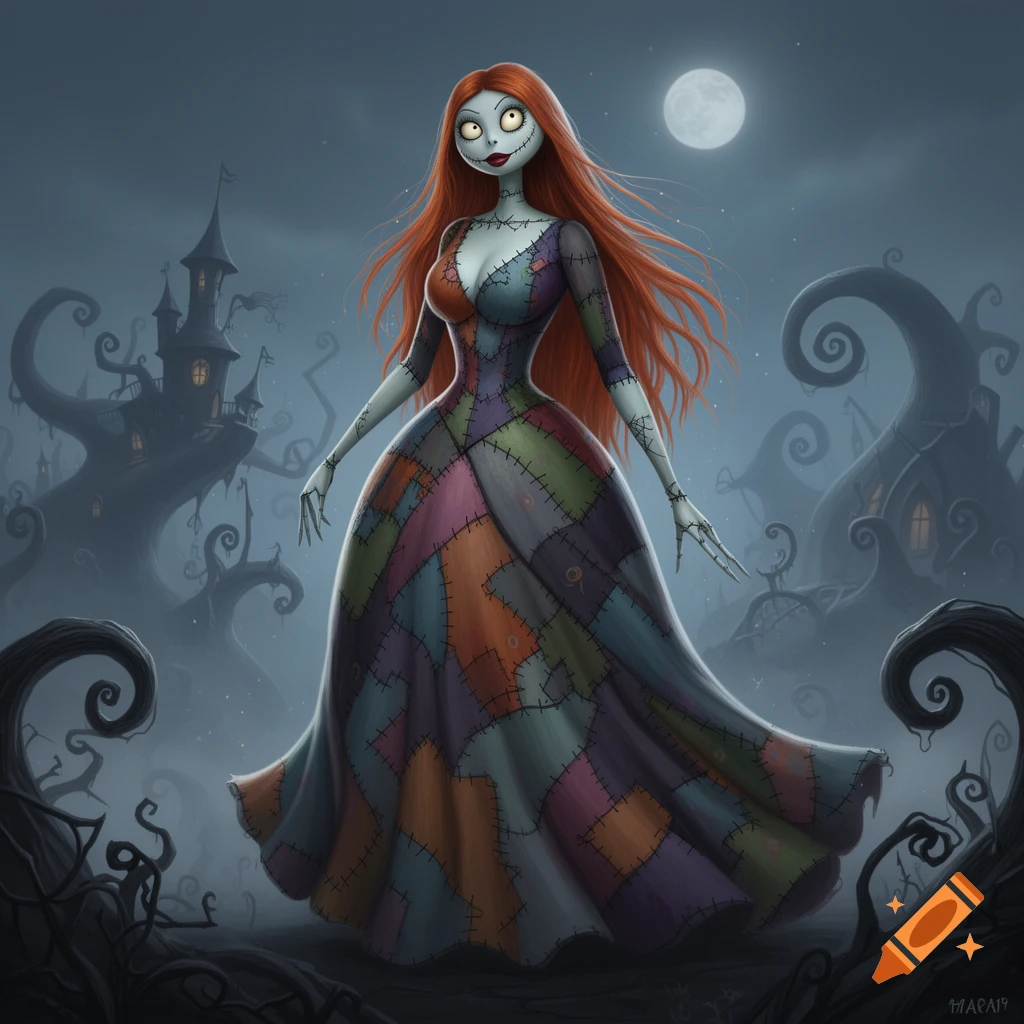 Sally from The Nightmare Before Christmas, with long red hair and a patchwork dress, stands in a spooky landscape under a full moon.