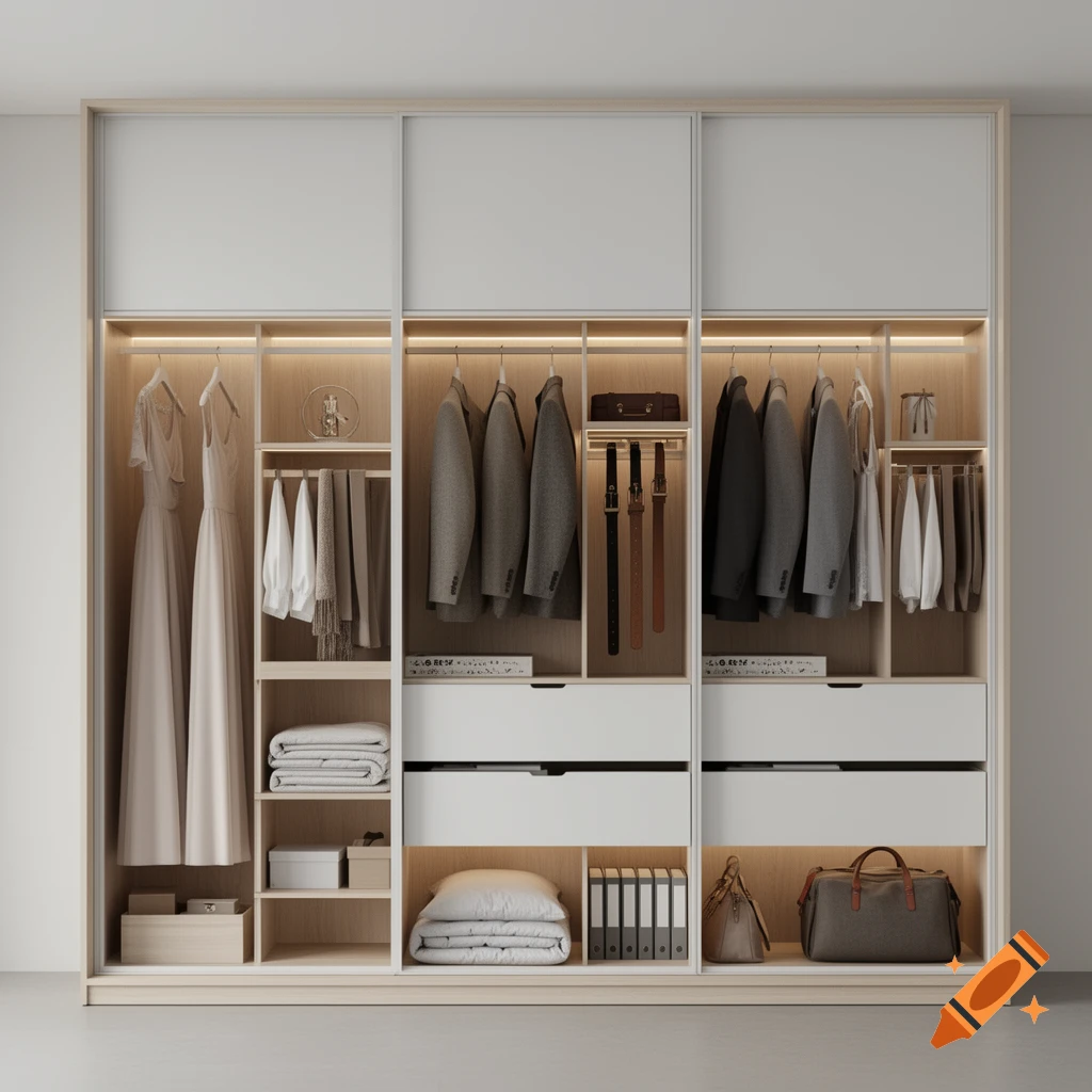Modern minimalist wardrobe with warm LED lighting, featuring sections for women's and men's clothing, and general storage.