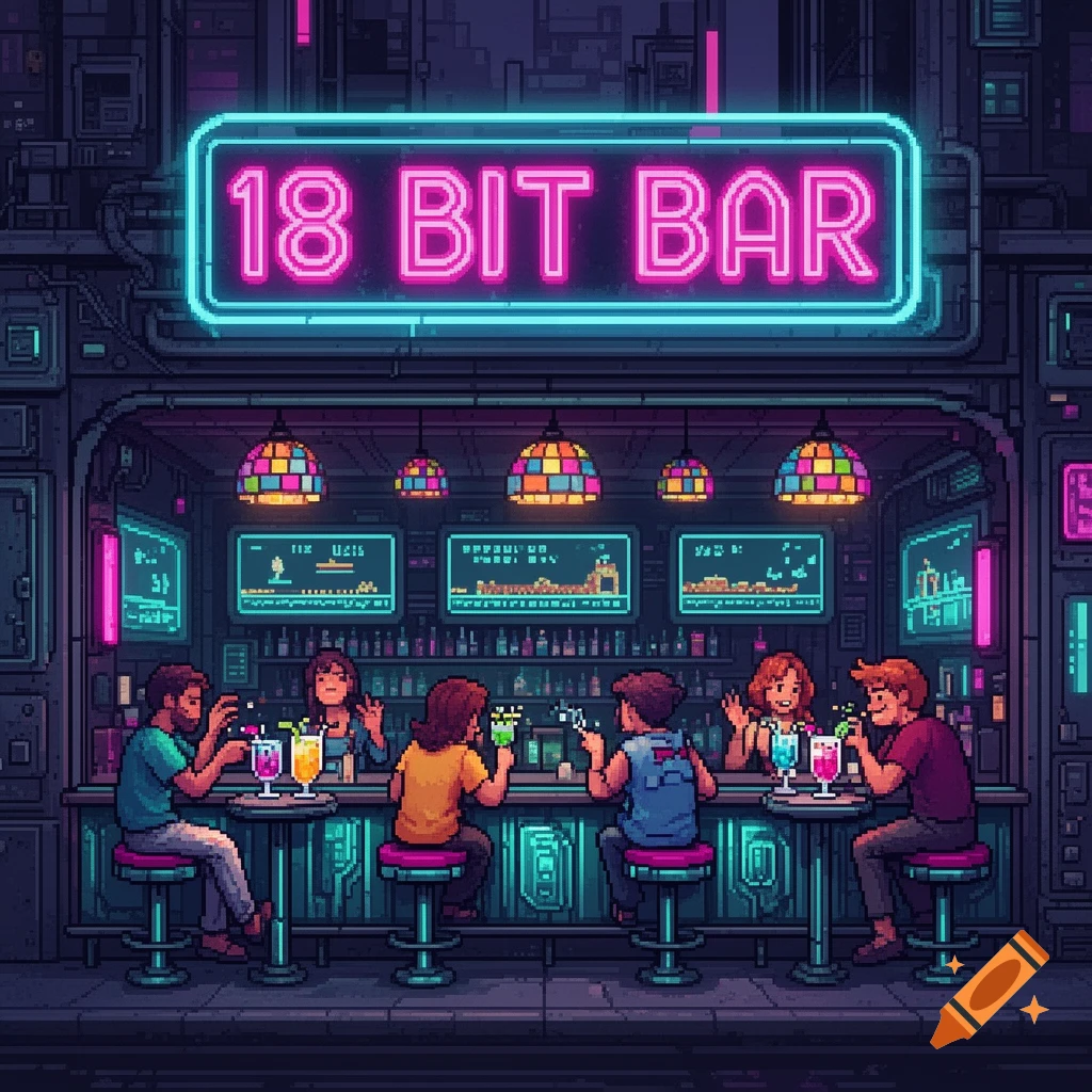 A pixel art scene of a neon-lit bar with a sign reading "18 BIT BAR" above, showing several patrons and a bartender.