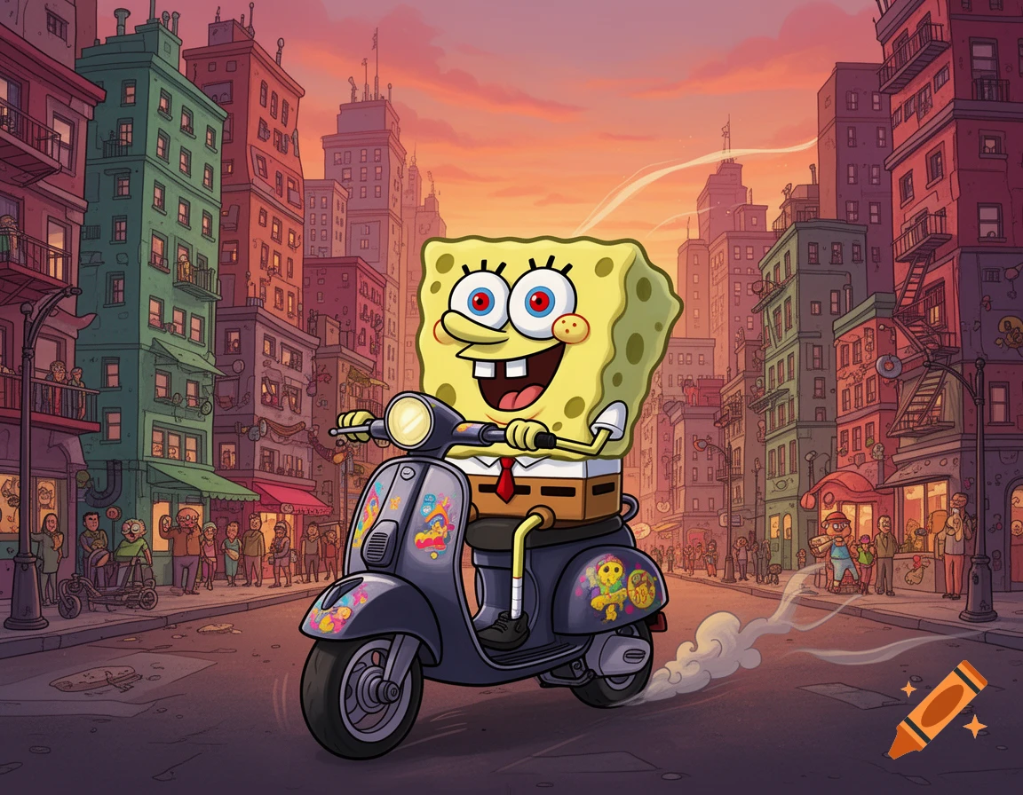 Spongebob Squarepants with red eyes rides a scooter down a bustling city street at sunset, in a vibrant cartoon style.