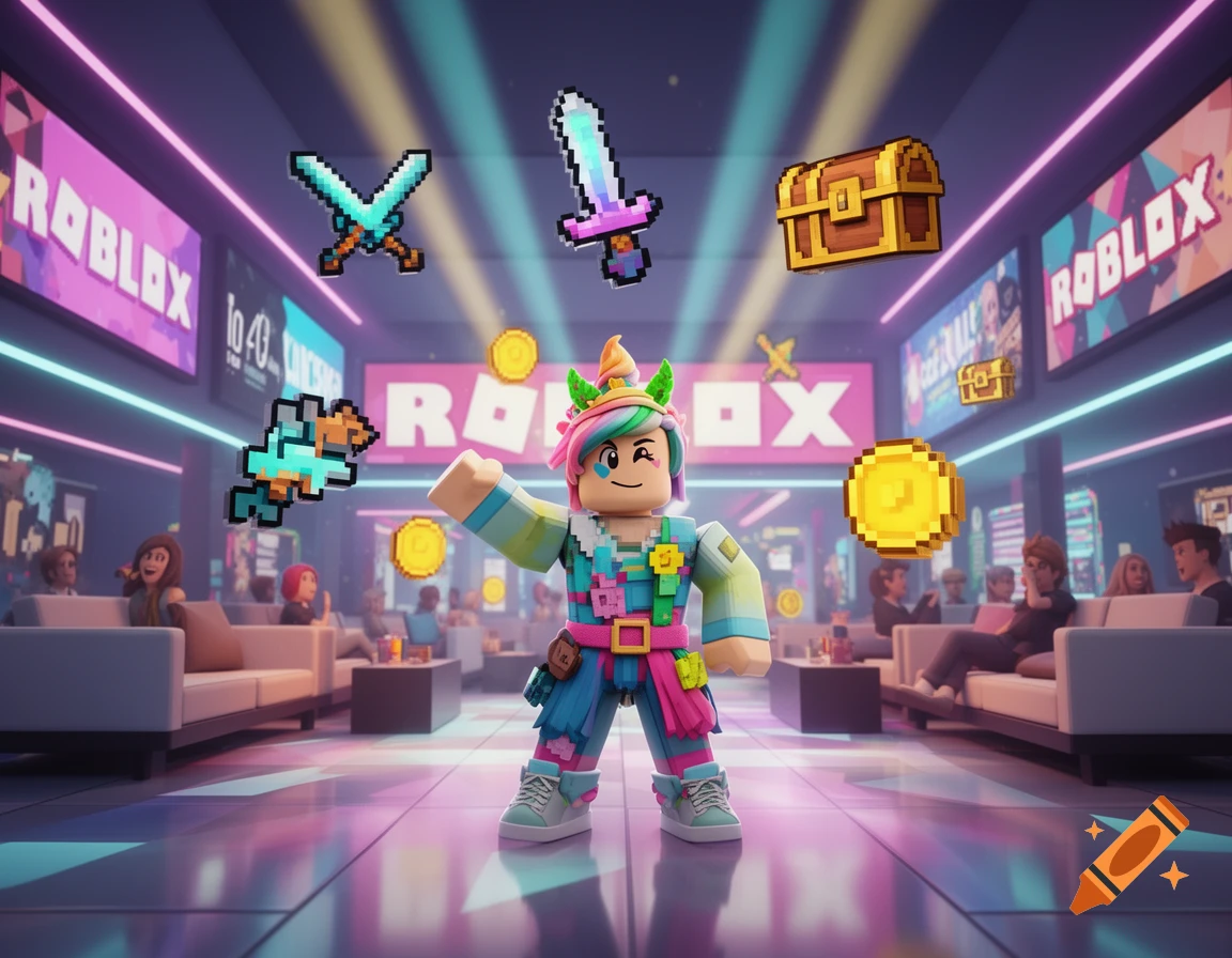 A vibrant Roblox-style character in a neon gaming arena with floating pixelated swords, chests, and coins, and Roblox signs.