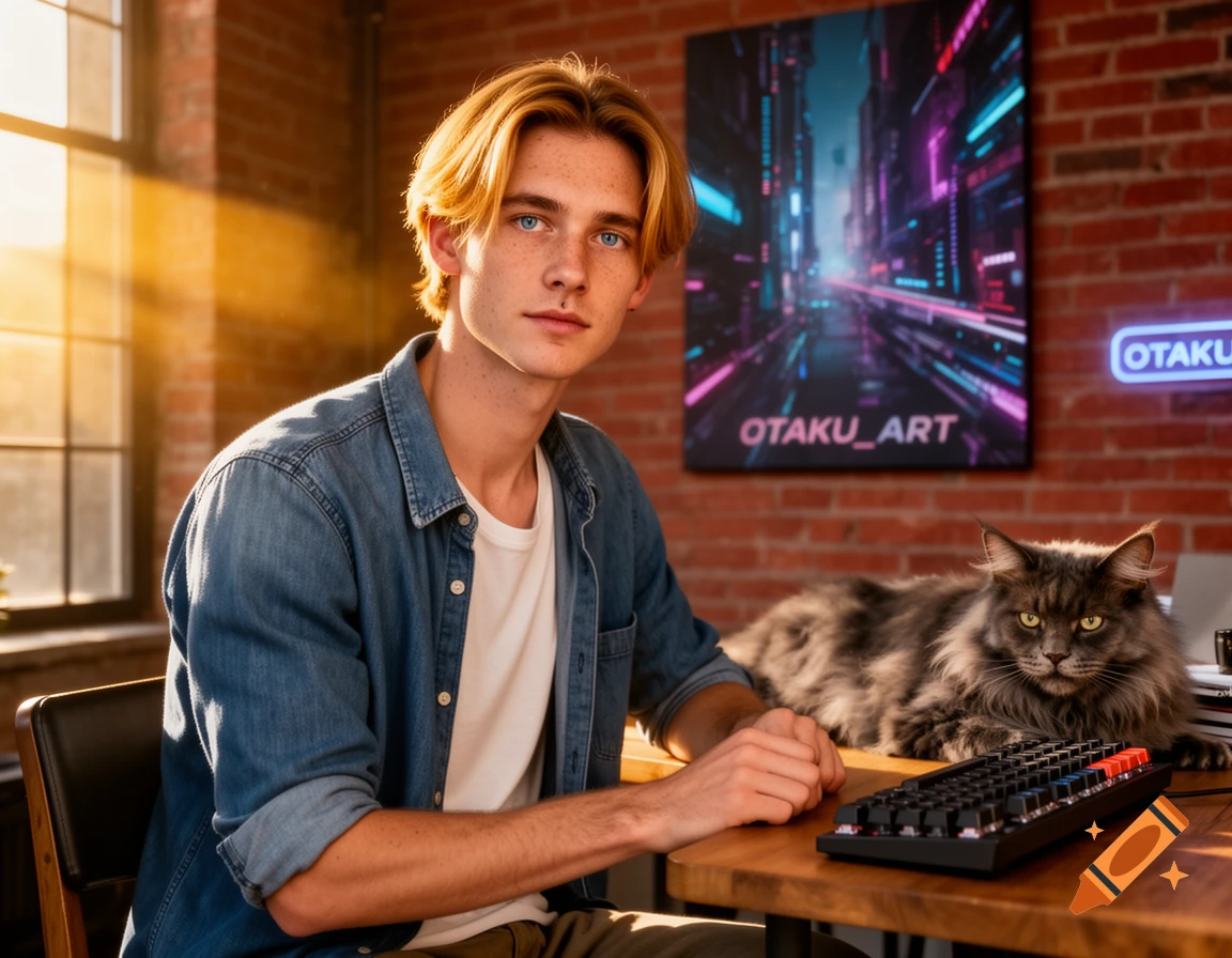 A young man with blonde hair and blue eyes sits at a desk with a Maine Coon cat and a mechanical keyboard. A cyberpunk painting and neon sign are on the brick wall.