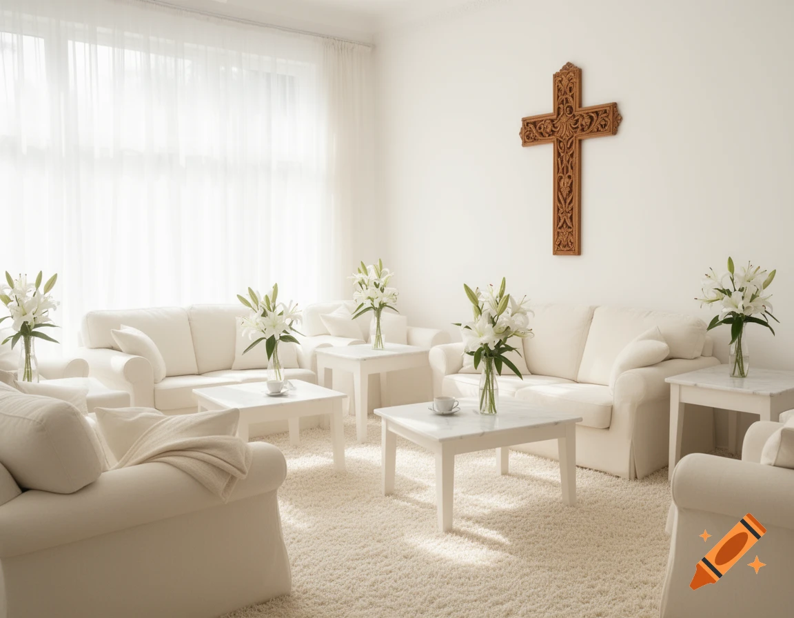A bright, serene all-white lounge room with sofas, coffee tables, a shaggy rug, and sheer curtains. Vases of white lilies and a large wooden cross adorn the space.