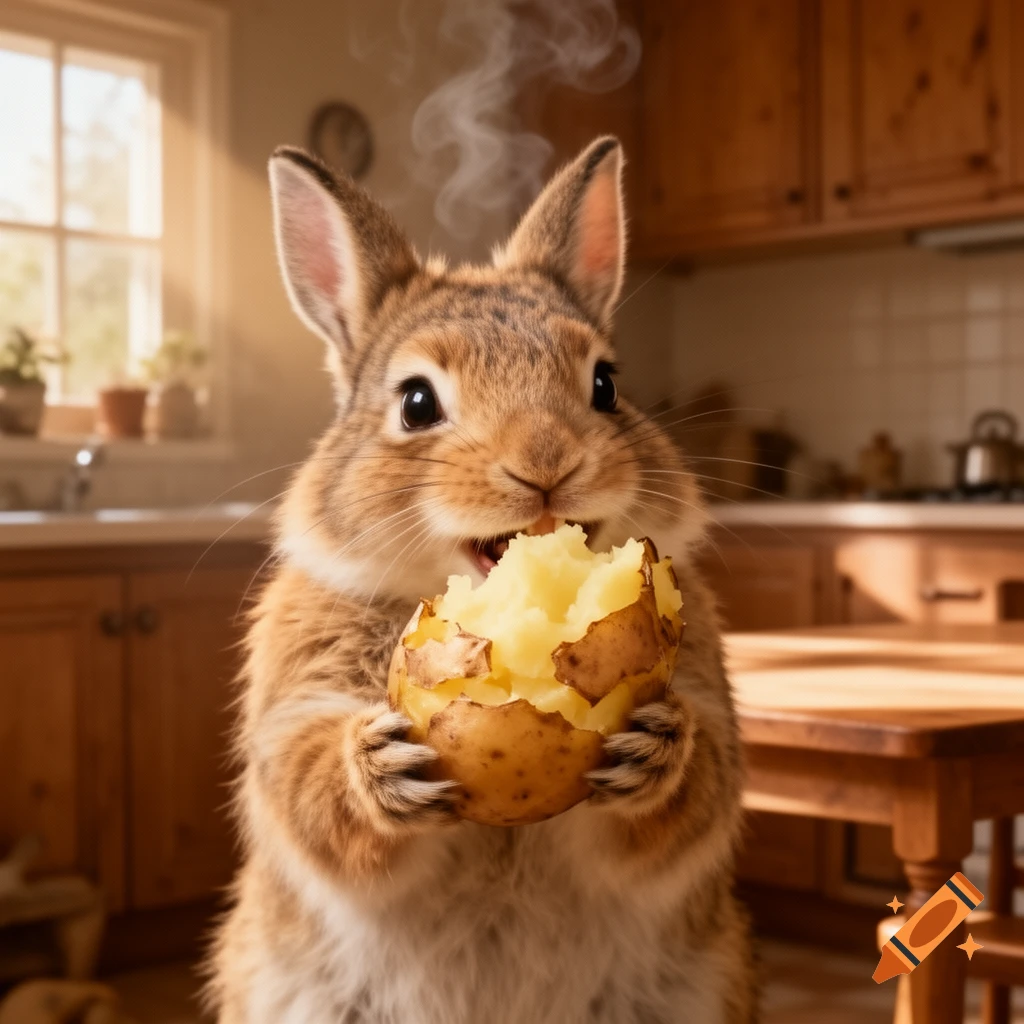 A cute brown rabbit happily eating a steaming baked potato in a sunlit kitchen, photorealistic.