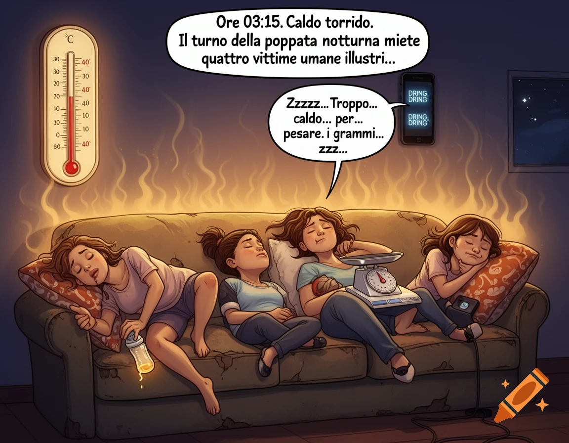 Four exhausted women sleep on a couch, surrounded by heat waves, a thermometer reads 40°C, and a phone rings ignored, in a cartoon style.