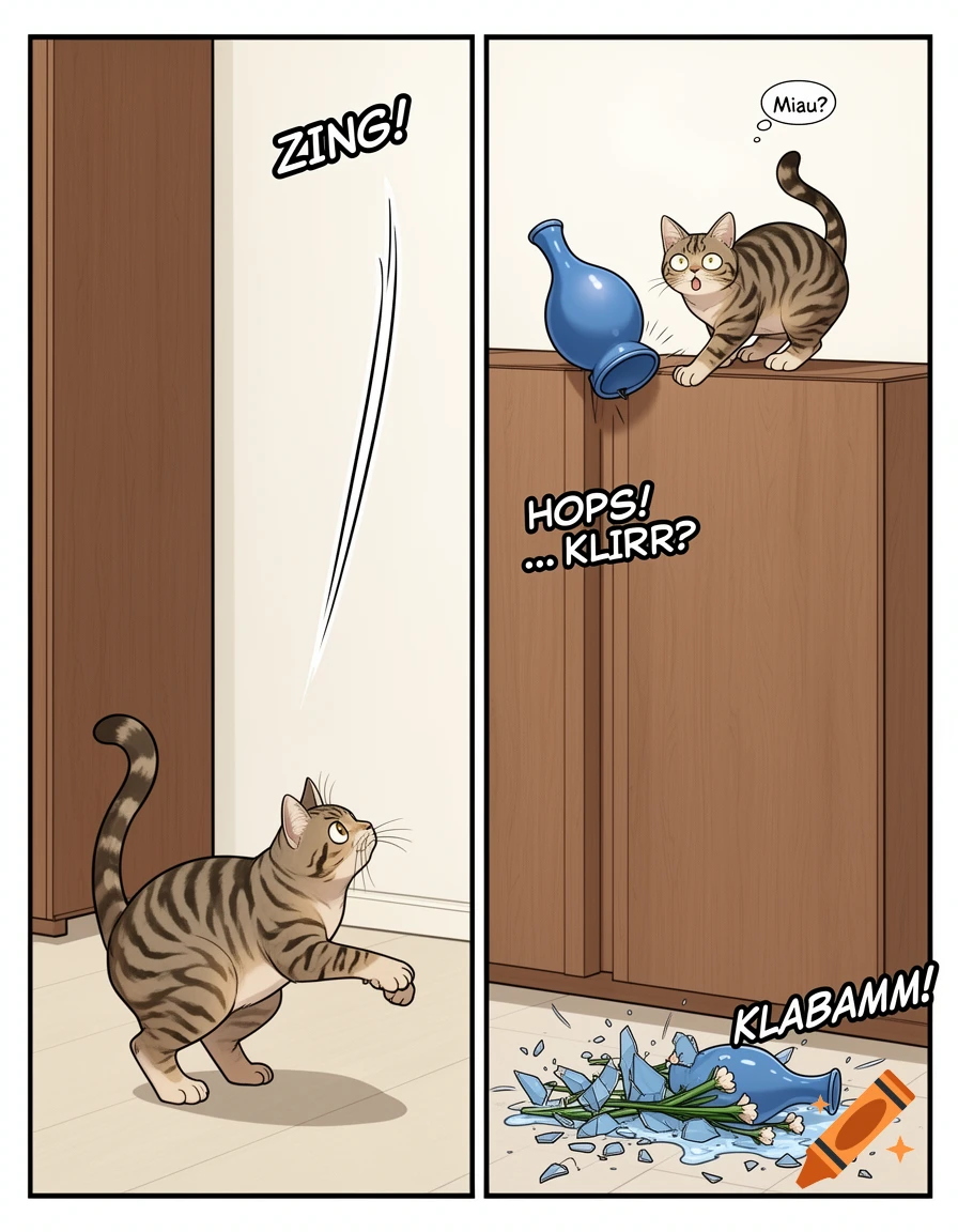 A two-panel comic strip shows a tabby cat jumping, knocking a blue vase off a cabinet, which shatters on the floor.
