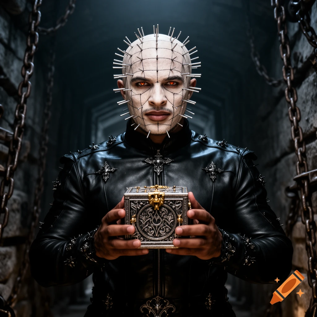Photorealistic depiction of Pinhead with pins in his head, red eyes, and a black leather outfit, holding a puzzle box in a dark, chained dungeon.