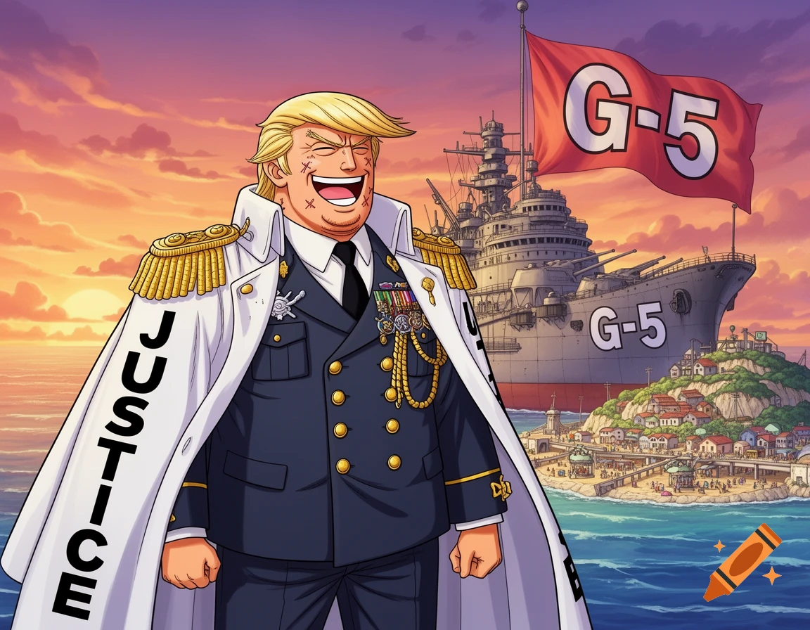 Donald Trump as a laughing One Piece Marine Admiral with 'JUSTICE' on his cape, with a G-5 battleship and island at sunset.