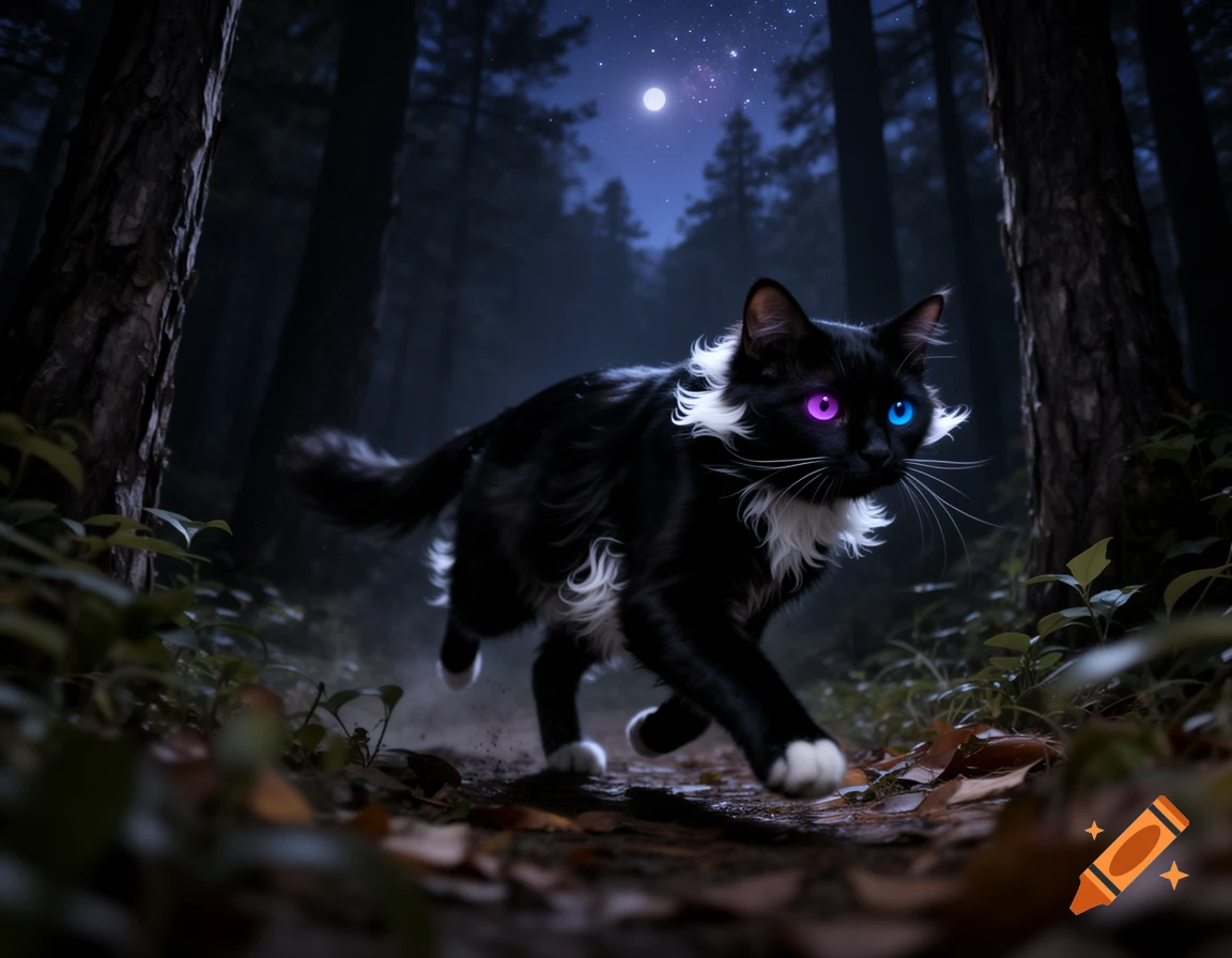 A black cat with white fur tufts, one purple eye, and one blue eye runs through a dark forest under a full moon.