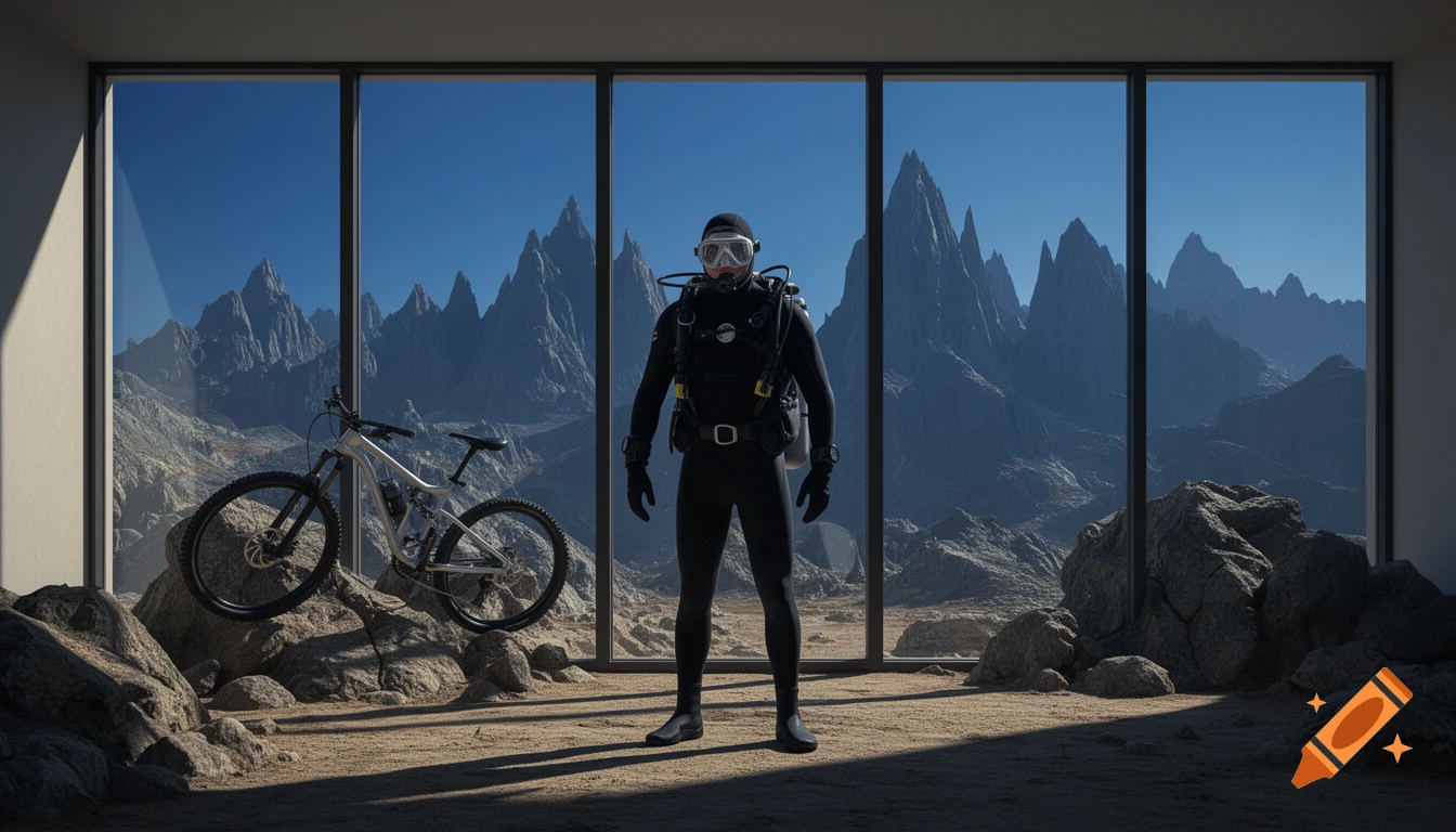 A scuba diver and mountain bike in an office, overlooking a vast, surreal rocky mountain landscape under a clear blue sky. Photorealistic.