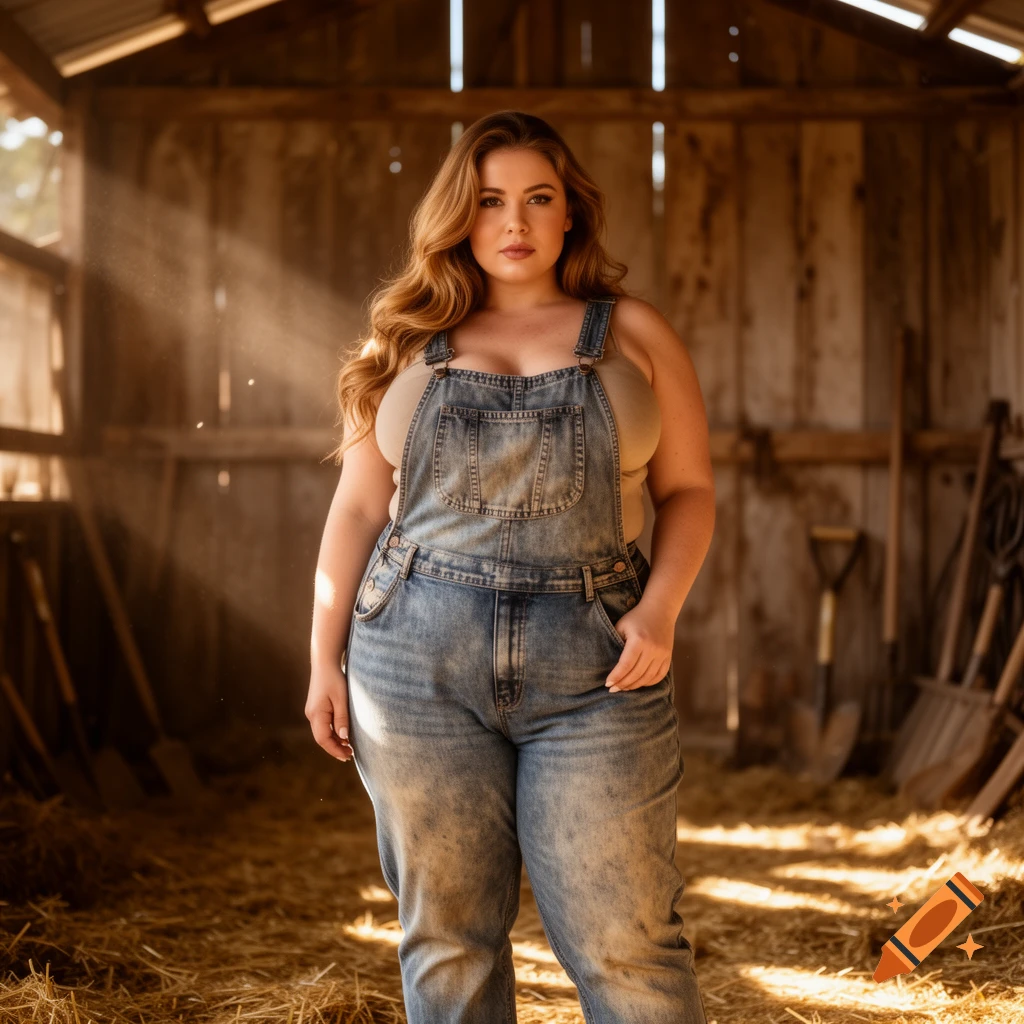 A curvy woman in denim overalls and a tank top stands in a sunlit wooden barn filled with hay.
