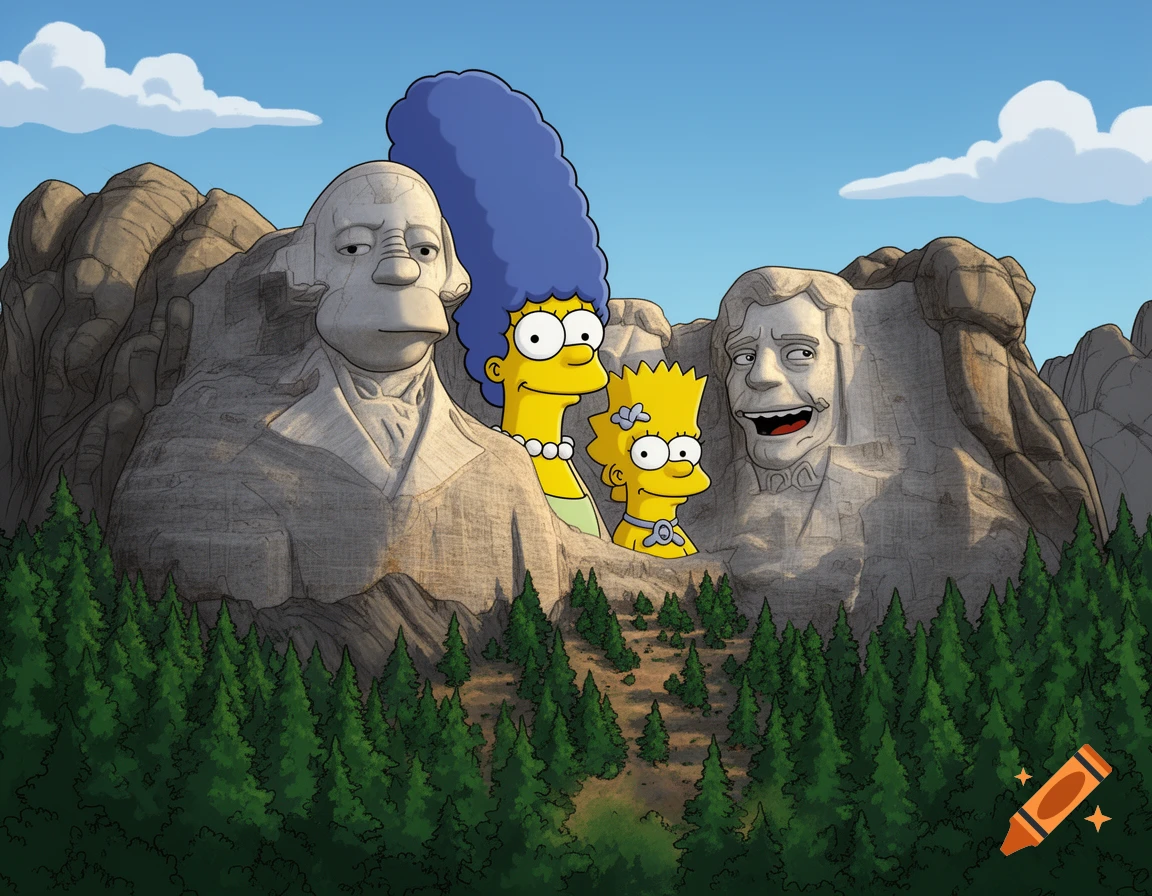 Marge and Bart Simpson carved into Mount Rushmore alongside two other presidential faces, in a cartoon style.