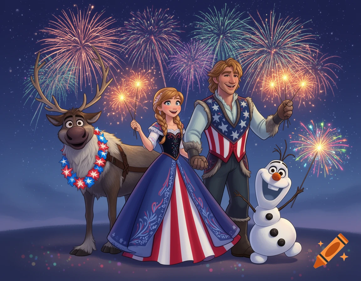Animated Frozen characters Anna, Kristoff, Sven, and Olaf celebrate 4th of July with sparklers under a sky full of fireworks.