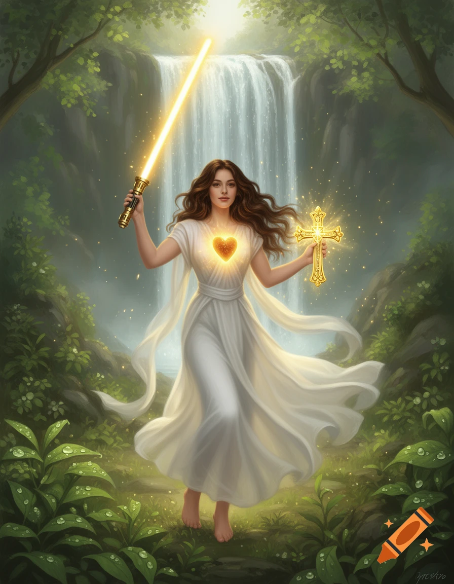 A barefoot brunette woman in a flowing white dress stands in a forest with a waterfall, holding a glowing lightsaber and a golden cross. Her heart glows.
