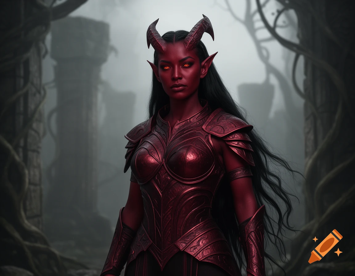 A dark red-skinned female tiefling with horns, glowing red eyes, and long black hair, wearing ornate dark red armor, stands in a misty, ruined fantasy setting.