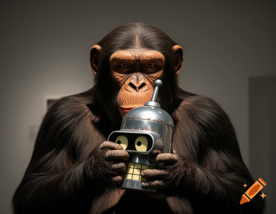 A photorealistic image of a chimpanzee, resembling a sculpture, holding the head of the robot Bender from Futurama in a dimly lit setting.