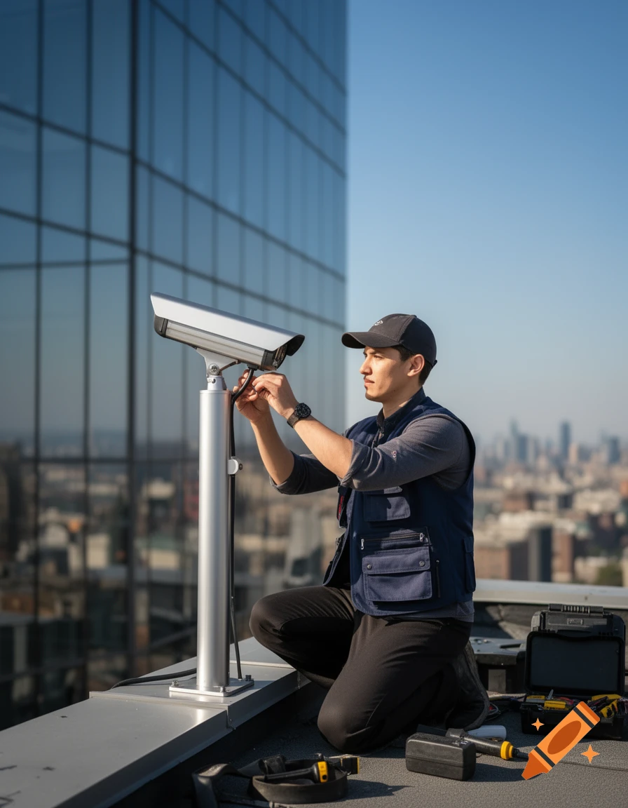 A man in a cap and vest kneels on a city rooftop, installing a security camera with a distant urban skyline.