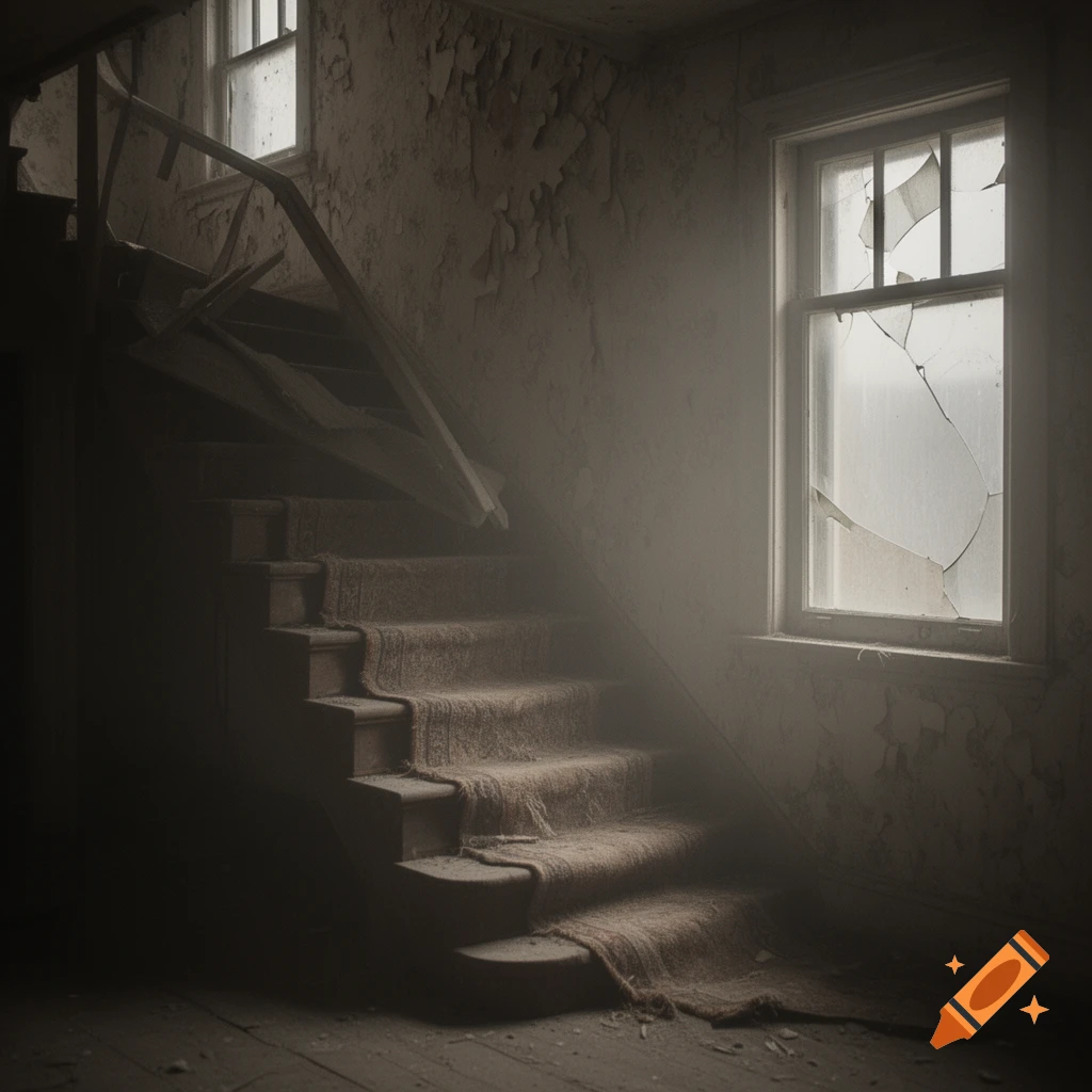 A desolate, abandoned staircase with peeling paint and shattered windows in a dimly lit, decaying building.