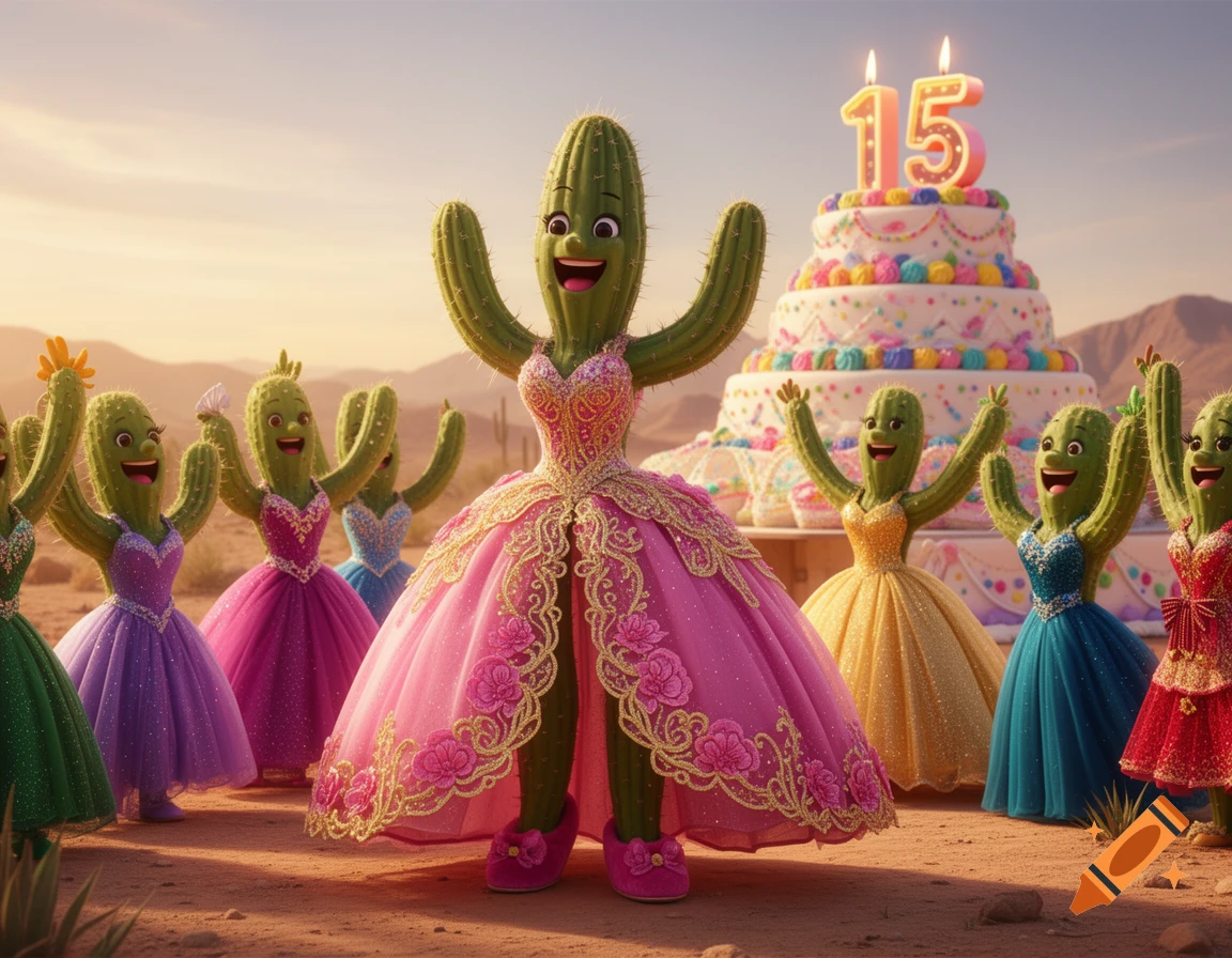 Cartoon cacti in fancy dresses celebrating a quinceañera in a desert with a large "15" cake.