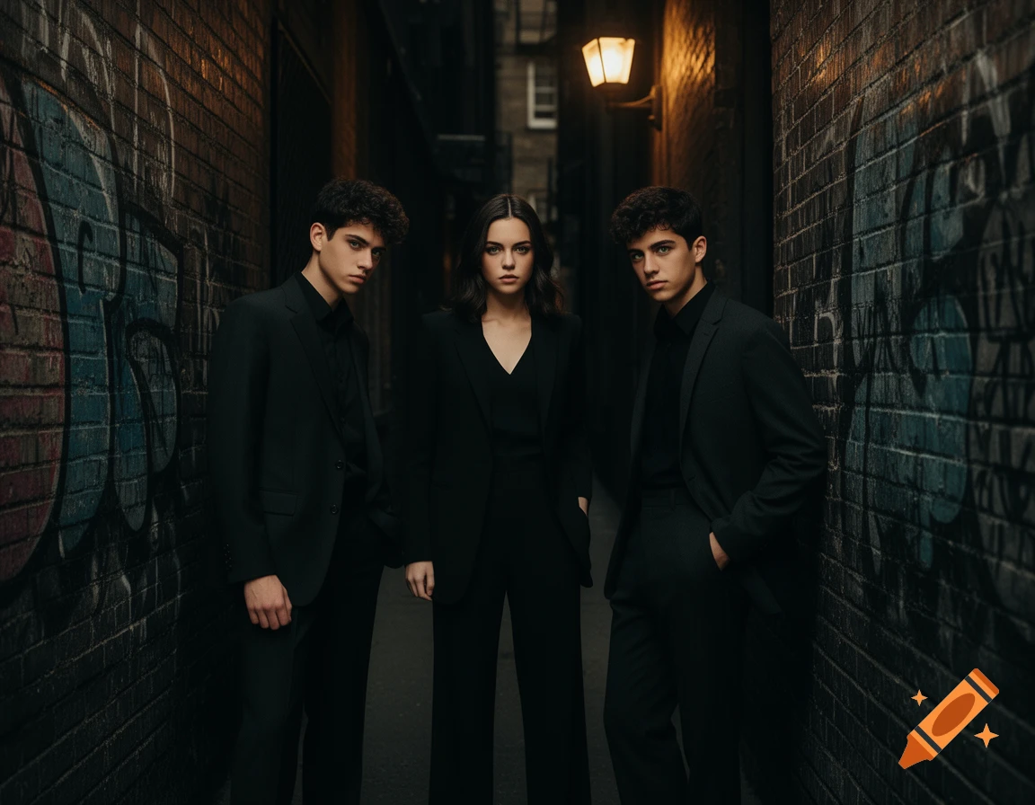 Three young people in black suits stand in a dark, graffiti-covered urban alleyway, looking directly at the viewer.