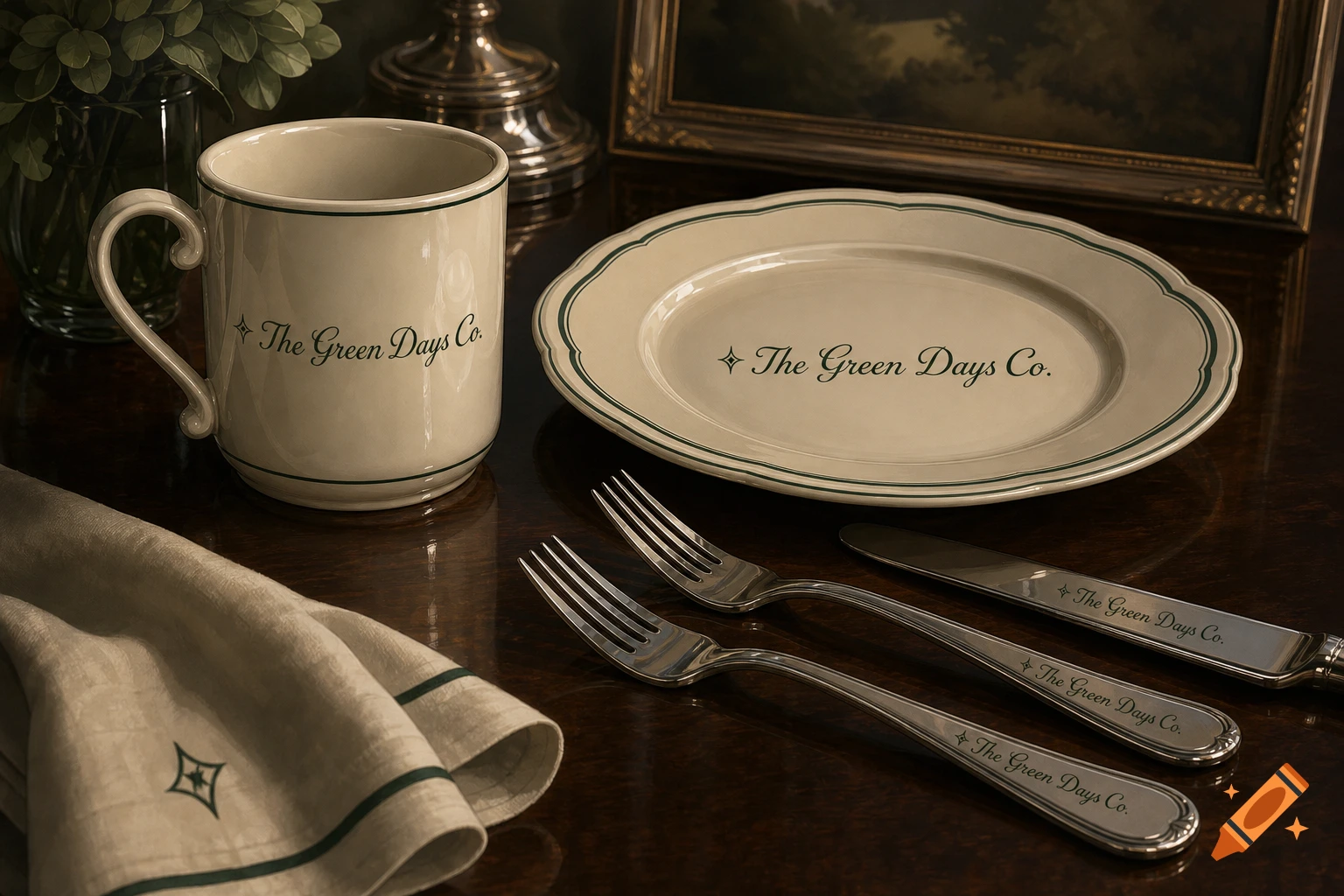 A photorealistic still life showing a cream-colored mug, a matching plate, two forks, a knife, and a napkin with "The Green Days Co." branding on a dark wooden table.