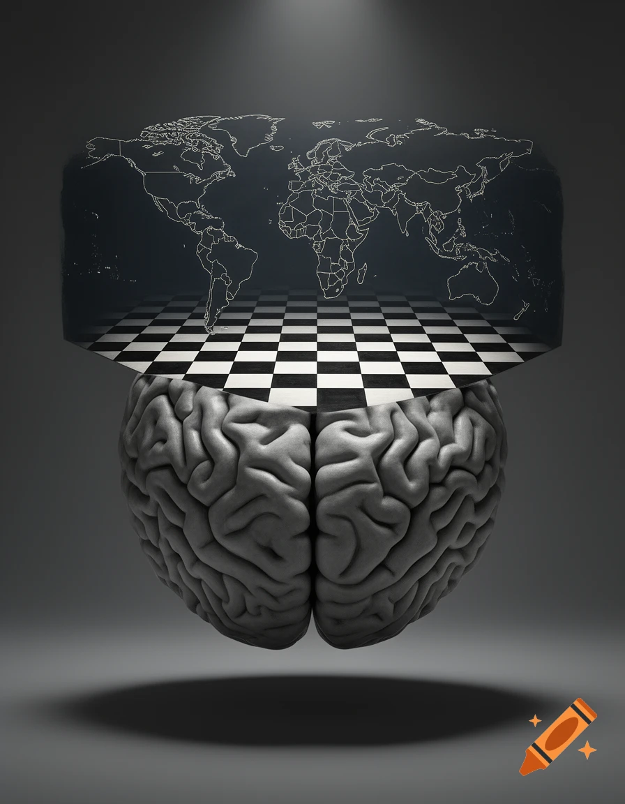 A human brain with a chessboard and world map floating above it against a dark grey background.