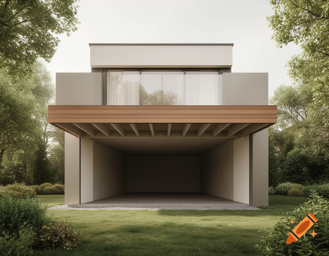 Photorealistic modern house with an open ground floor, wood-detailed balcony, and large windows, set amidst green trees and lawn.