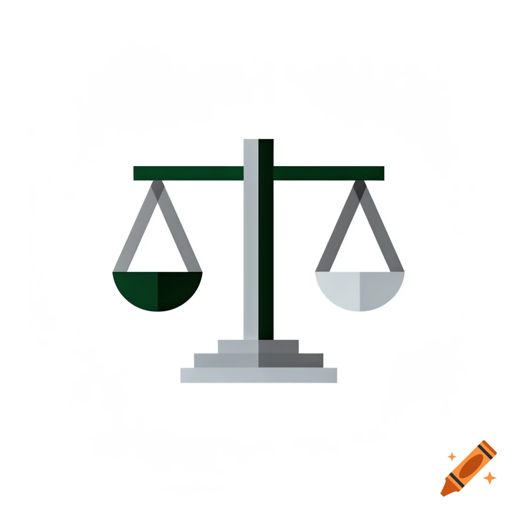 A minimalist balance scale icon with a dark green pan on the left and a light grey pan on the right.