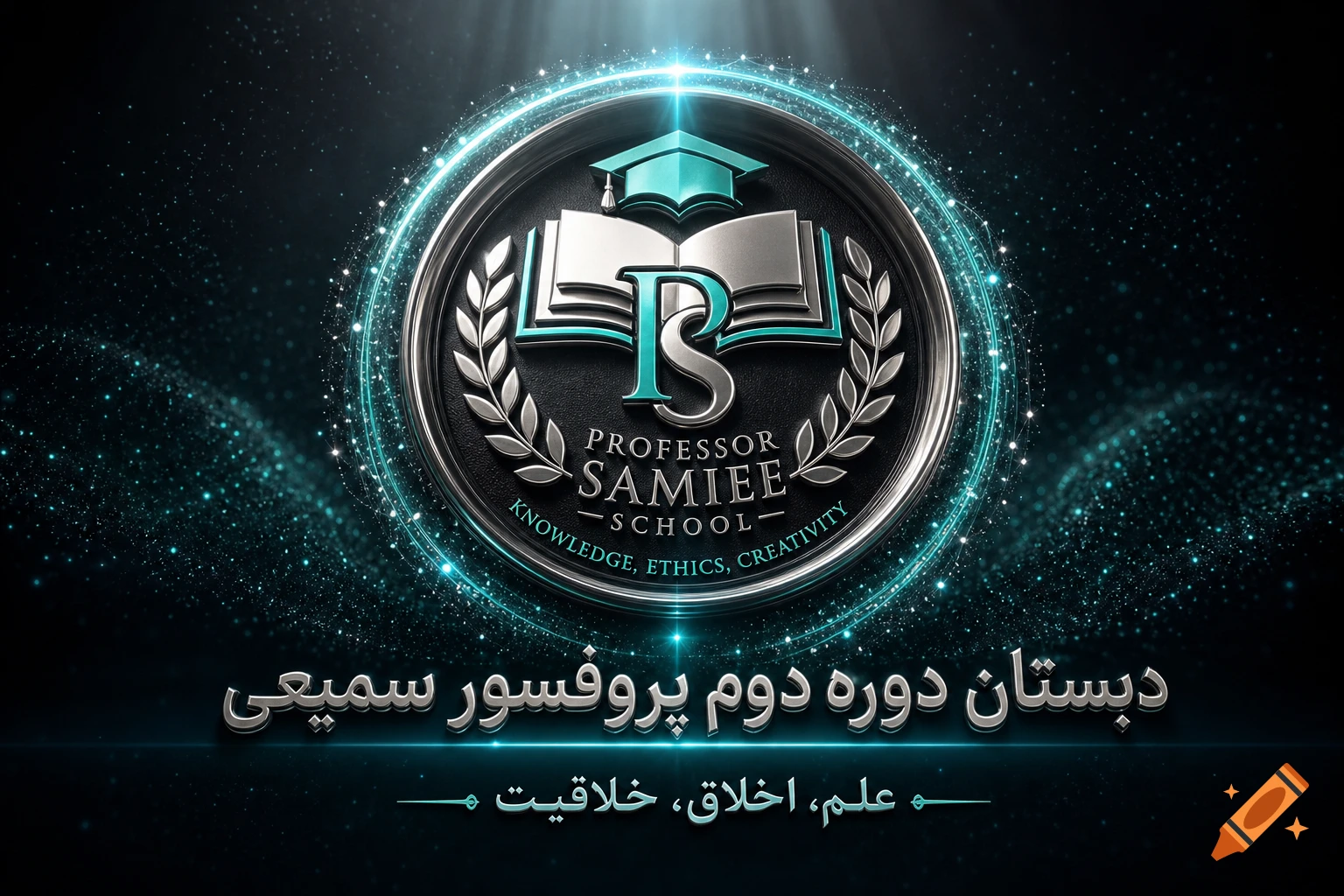 A 3D metallic logo for 'Professor Samiee School' with a graduation cap, books, and laurel wreaths on a glowing particle background.