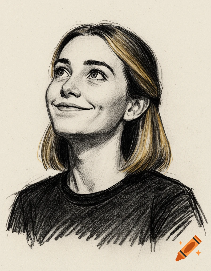Pencil sketch of a young woman with a bob haircut looking up and smiling warmly.