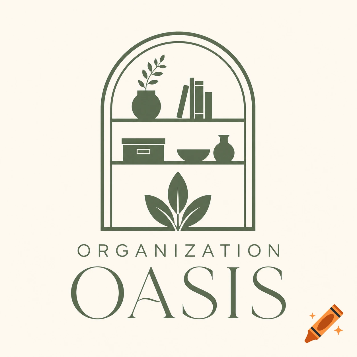 Minimalist logo featuring a sage green arched shelf with decorative items and three leaves at the base, with "ORGANIZATION OASIS" text below on a cream background.