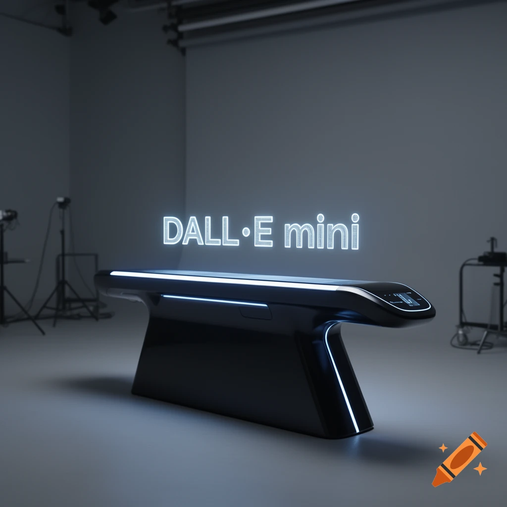 Sleek, black futuristic table with blue glowing accents, in a studio with "DALLE mini" glowing above it.