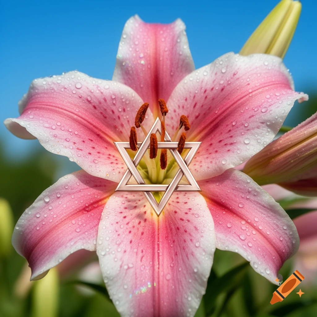 Photorealistic pink lily covered in water droplets with a metallic Star of David symbol.