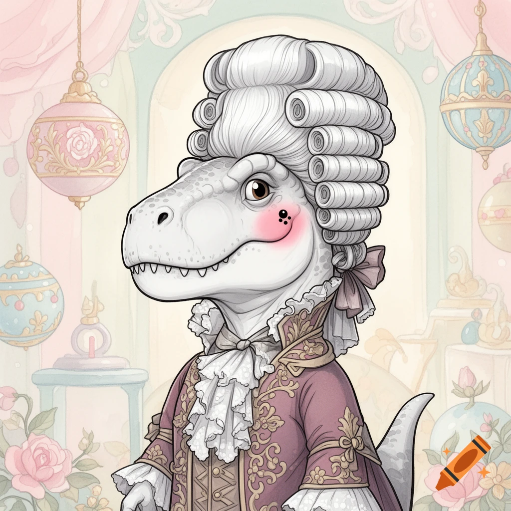 A 2D cartoon T-Rex in a powdered wig and an elaborate historical costume, with rosy cheeks and a beauty mark, in a pastel room.