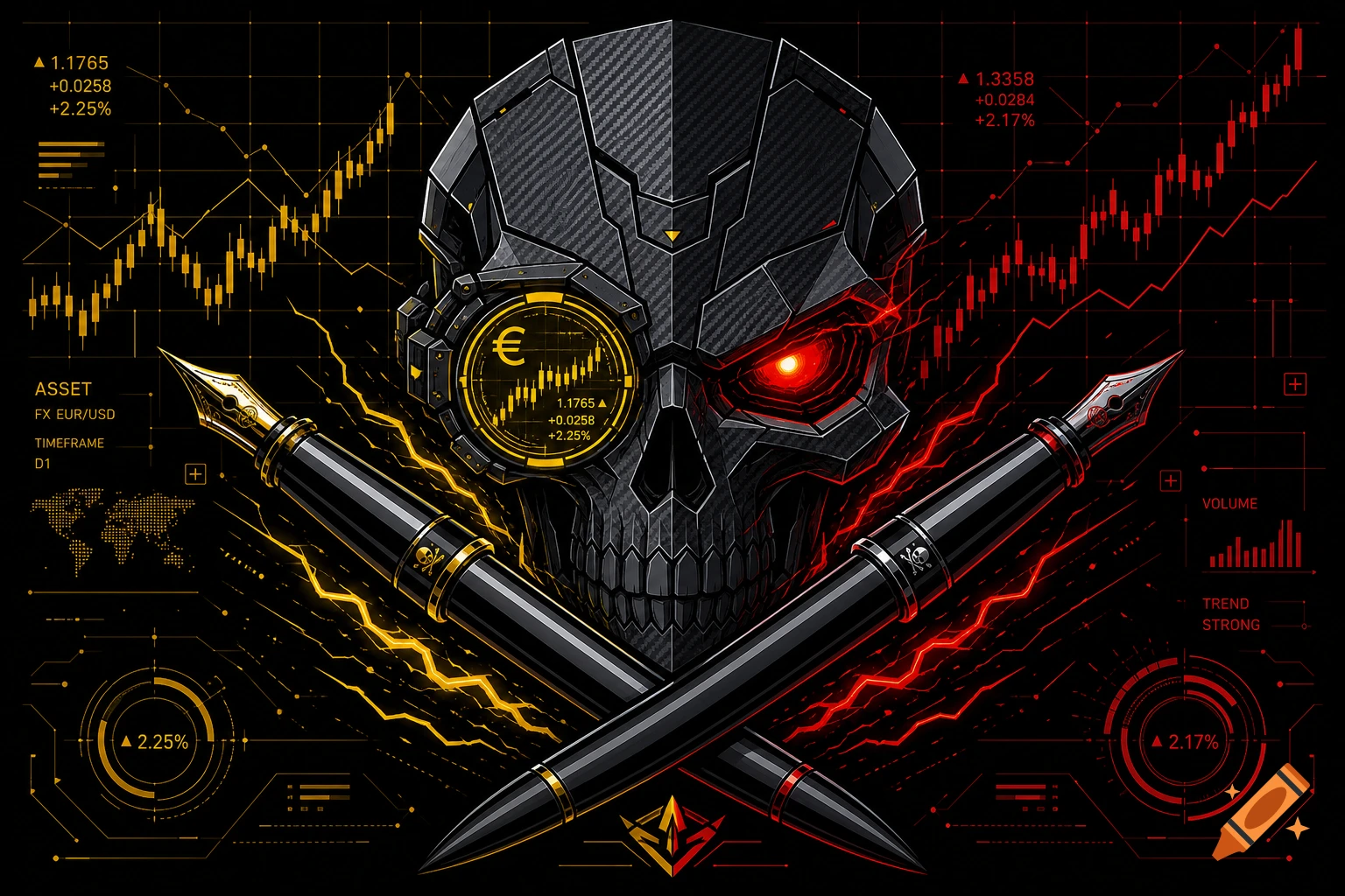 Cyberpunk carbon fiber skull with a glowing red eye and a monocular showing financial charts, crossed with black fountain pens against a dark financial grid.