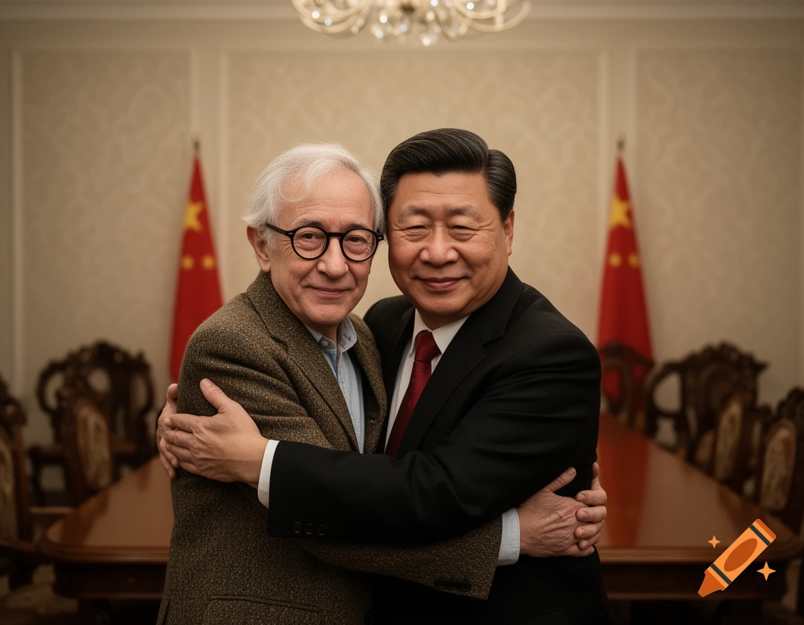 Woody Allen and Xi Jinping smile as they hug each other in a formal meeting room with Chinese flags in the background.