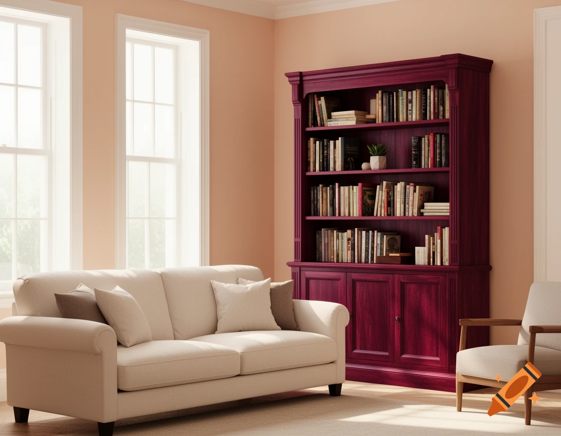 A warm living room with peach-colored walls, a cream sofa with throw pillows, a large burgundy wooden bookshelf filled with books, and a light-colored armchair.