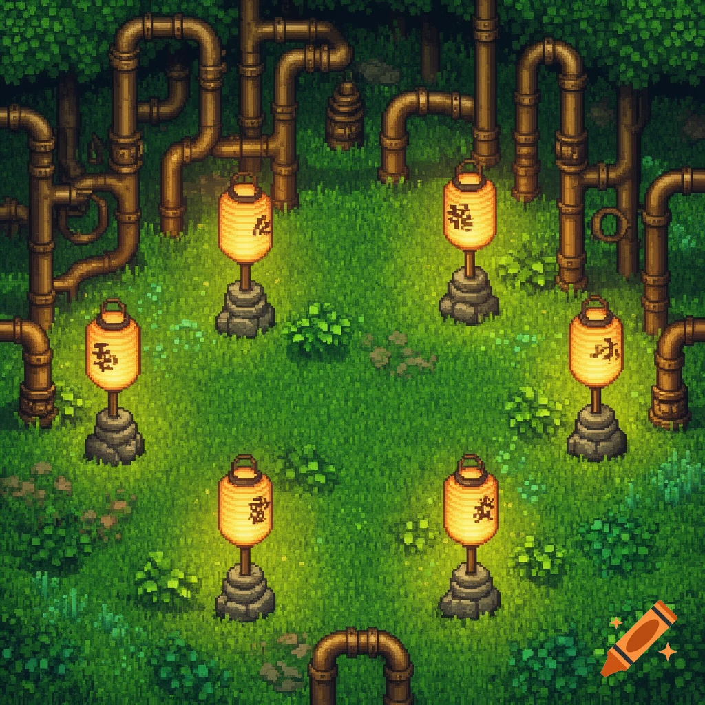 A pixel art garden with lush green grass, intricate brown steampunk pipes twisting upwards, and a circular arrangement of glowing orange Japanese lanterns on stone bases.
