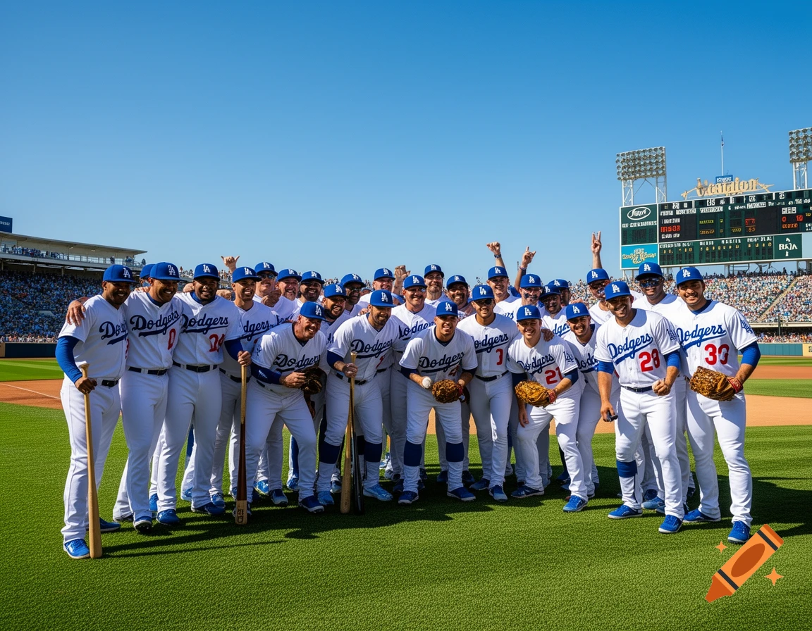 The Dodgers baseball team poses for a group photo on a sunny day at a baseball stadium.
